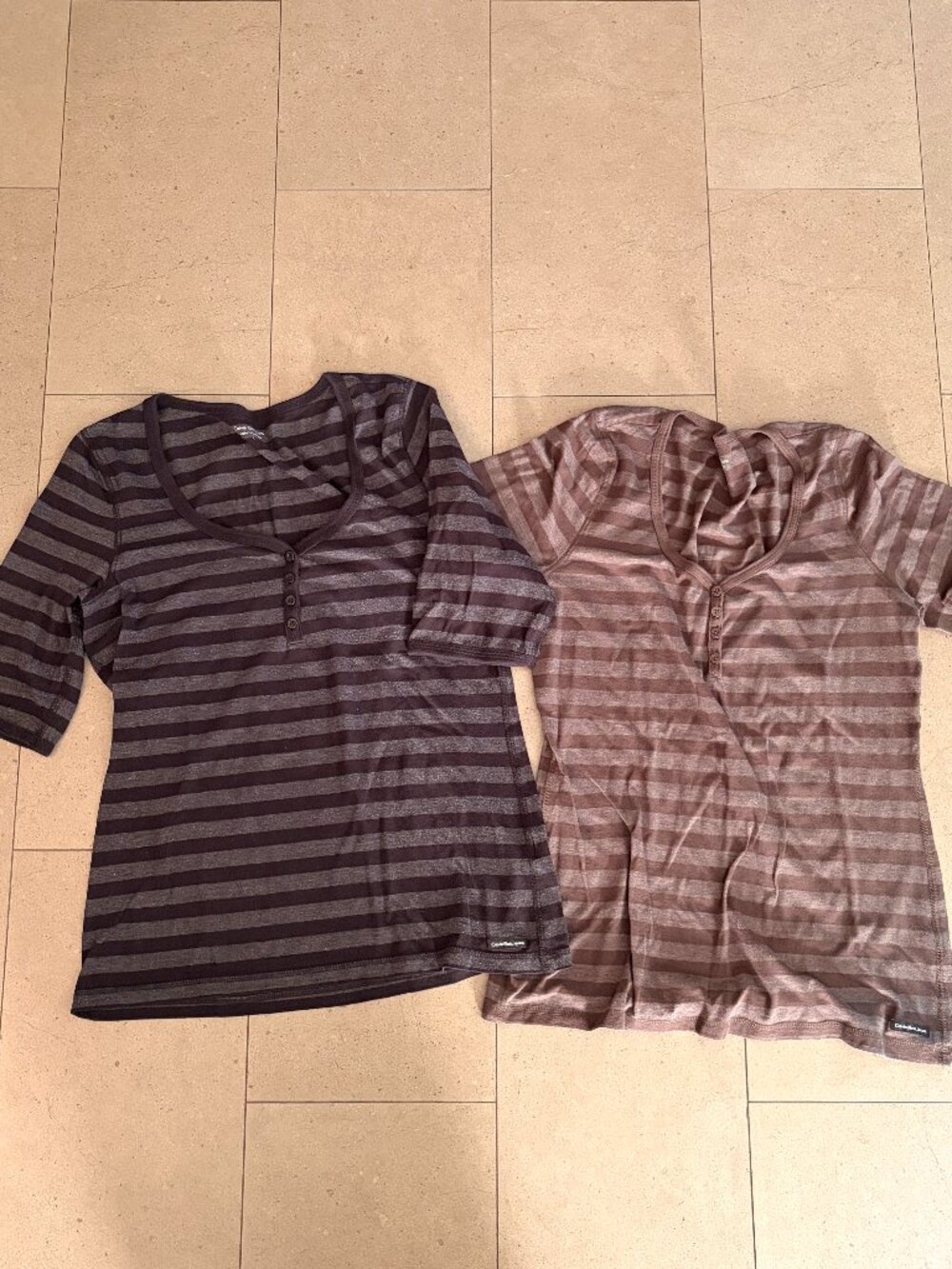 2 Calvin Klein Black and Brown Henley Neck Striped T-shirts-Large